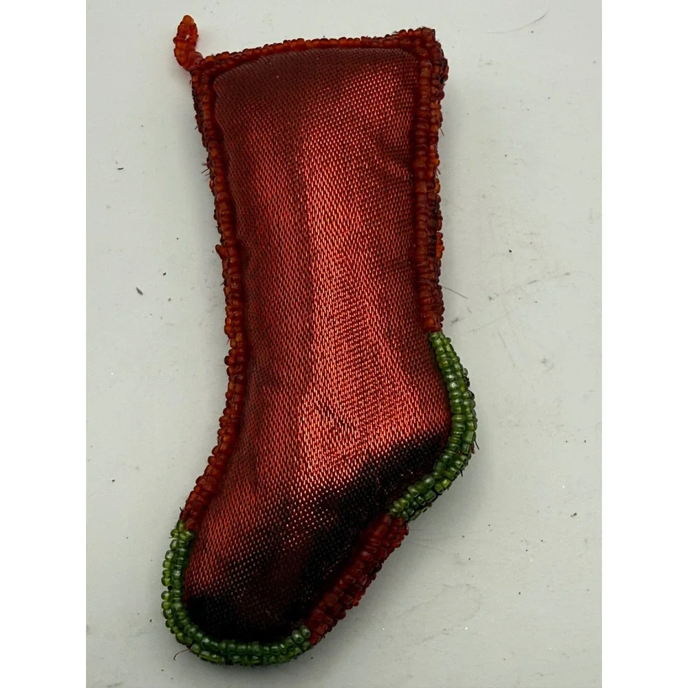 Vtg Beaded Christmas Stocking Ornament Red Green White Seed Bead Holiday Decor